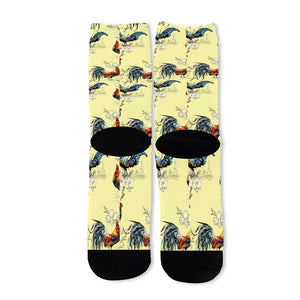 Rooster And Flower Pattern Print Long Socks