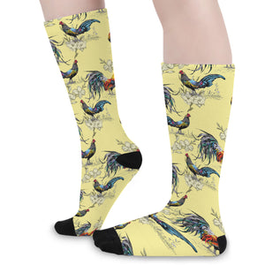 Rooster And Flower Pattern Print Long Socks