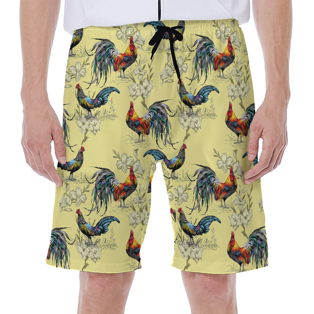 Rooster And Flower Pattern Print Men's Beach Shorts