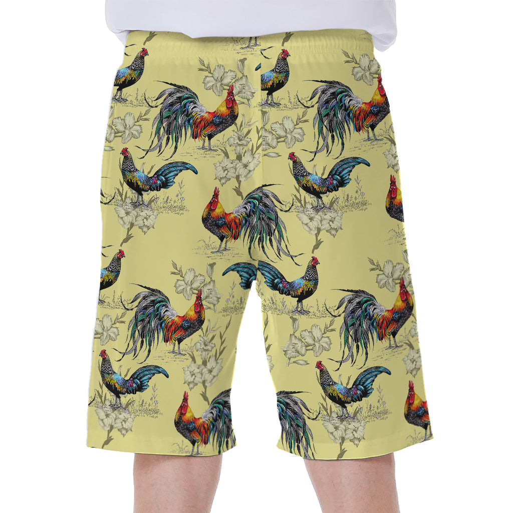 Rooster And Flower Pattern Print Men's Beach Shorts