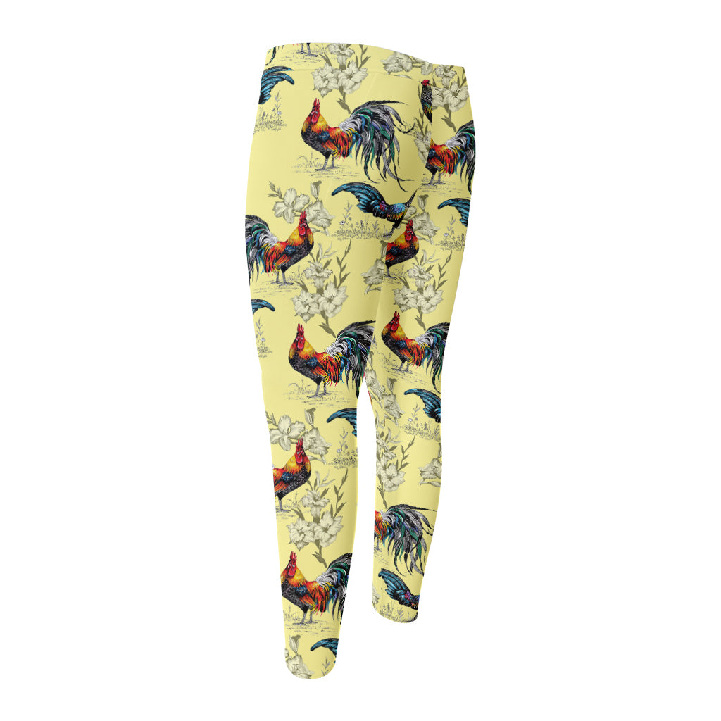 Rooster And Flower Pattern Print Men's Compression Pants