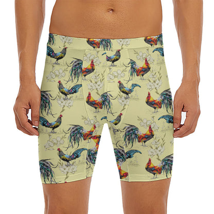 Rooster And Flower Pattern Print Men's Long Boxer Briefs