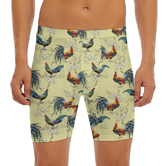 Rooster And Flower Pattern Print Men's Long Boxer Briefs
