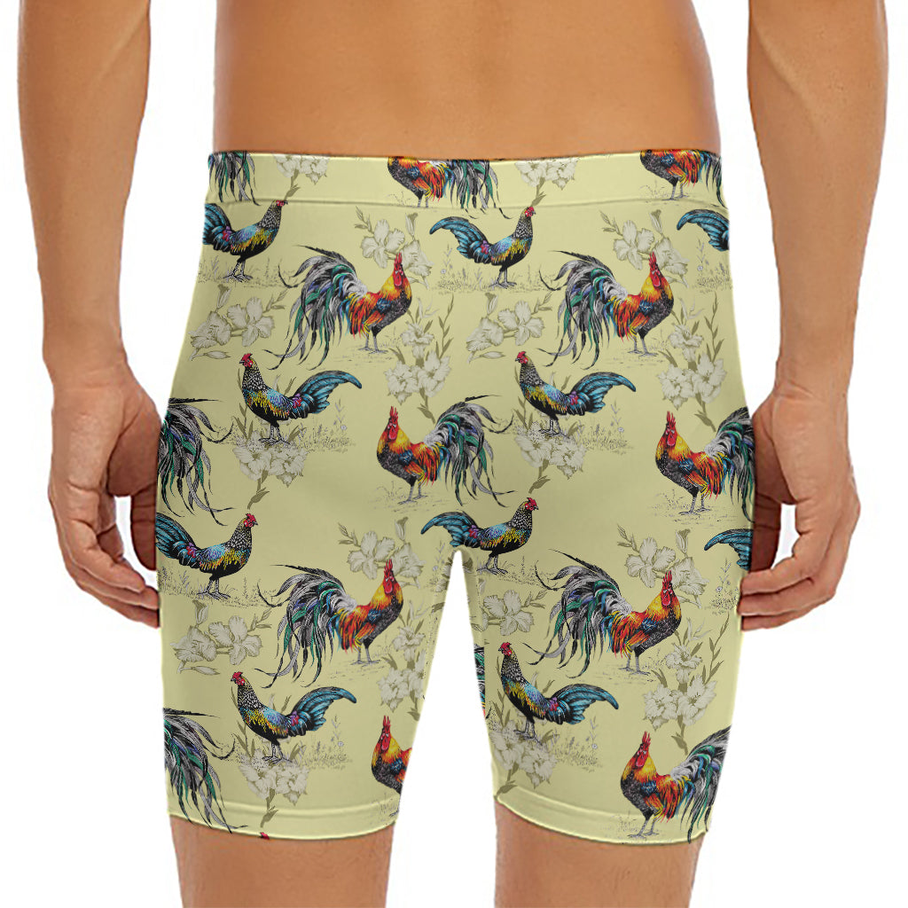 Rooster And Flower Pattern Print Men's Long Boxer Briefs