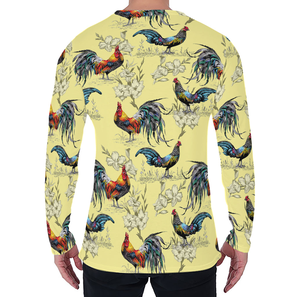 Rooster And Flower Pattern Print Men's Long Sleeve T-Shirt