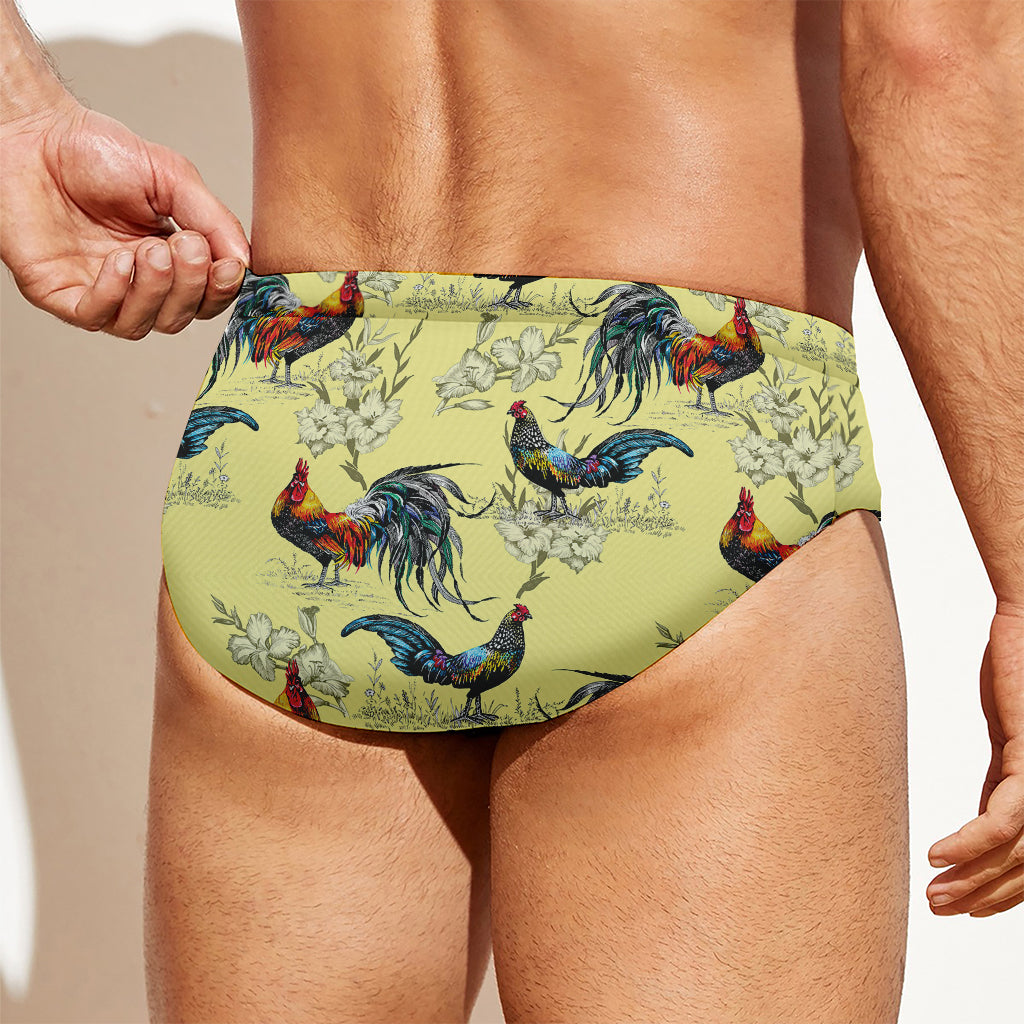 Rooster And Flower Pattern Print Men's Swim Briefs