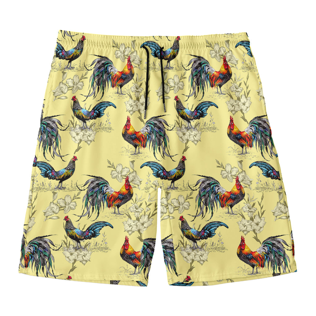 Rooster And Flower Pattern Print Men's Swim Trunks