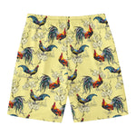 Rooster And Flower Pattern Print Men's Swim Trunks