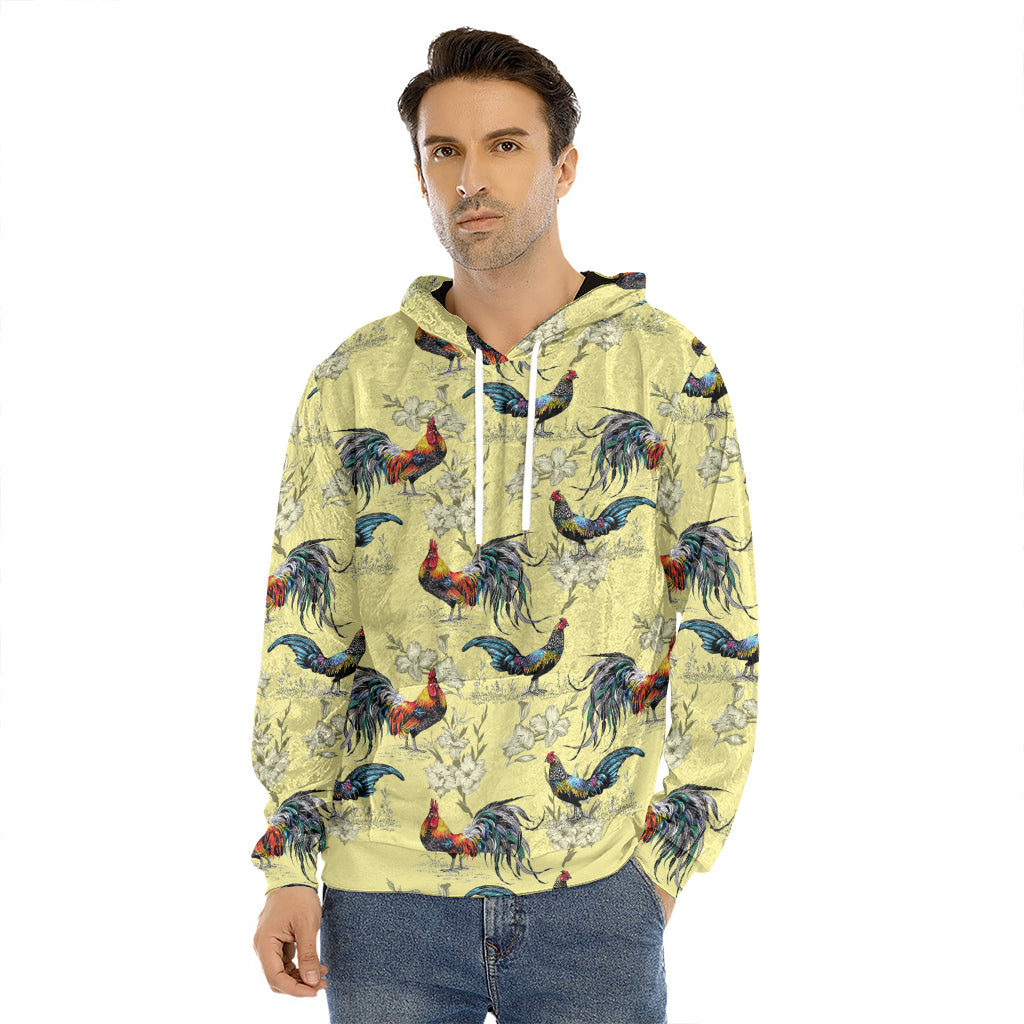 Rooster And Flower Pattern Print Men's Velvet Pullover Hoodie