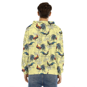 Rooster And Flower Pattern Print Men's Velvet Pullover Hoodie