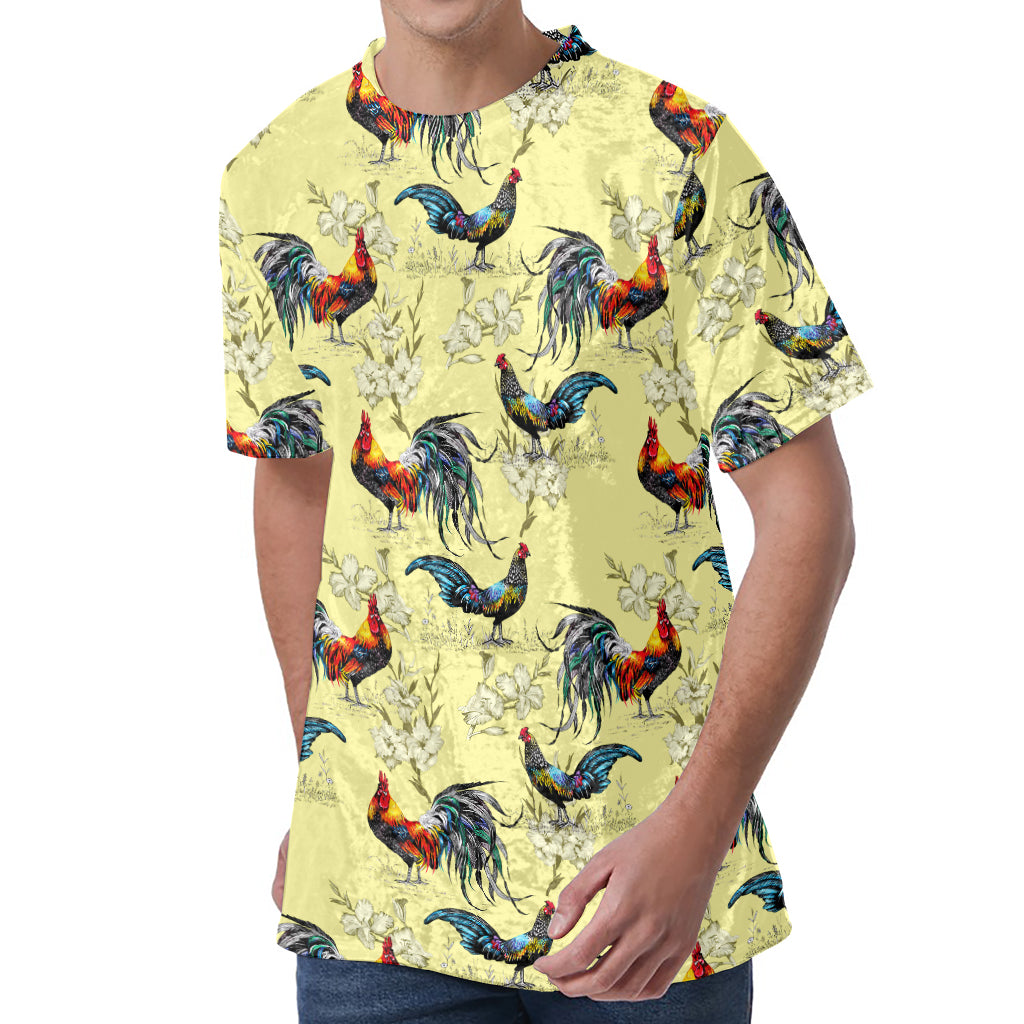 Rooster And Flower Pattern Print Men's Velvet T-Shirt