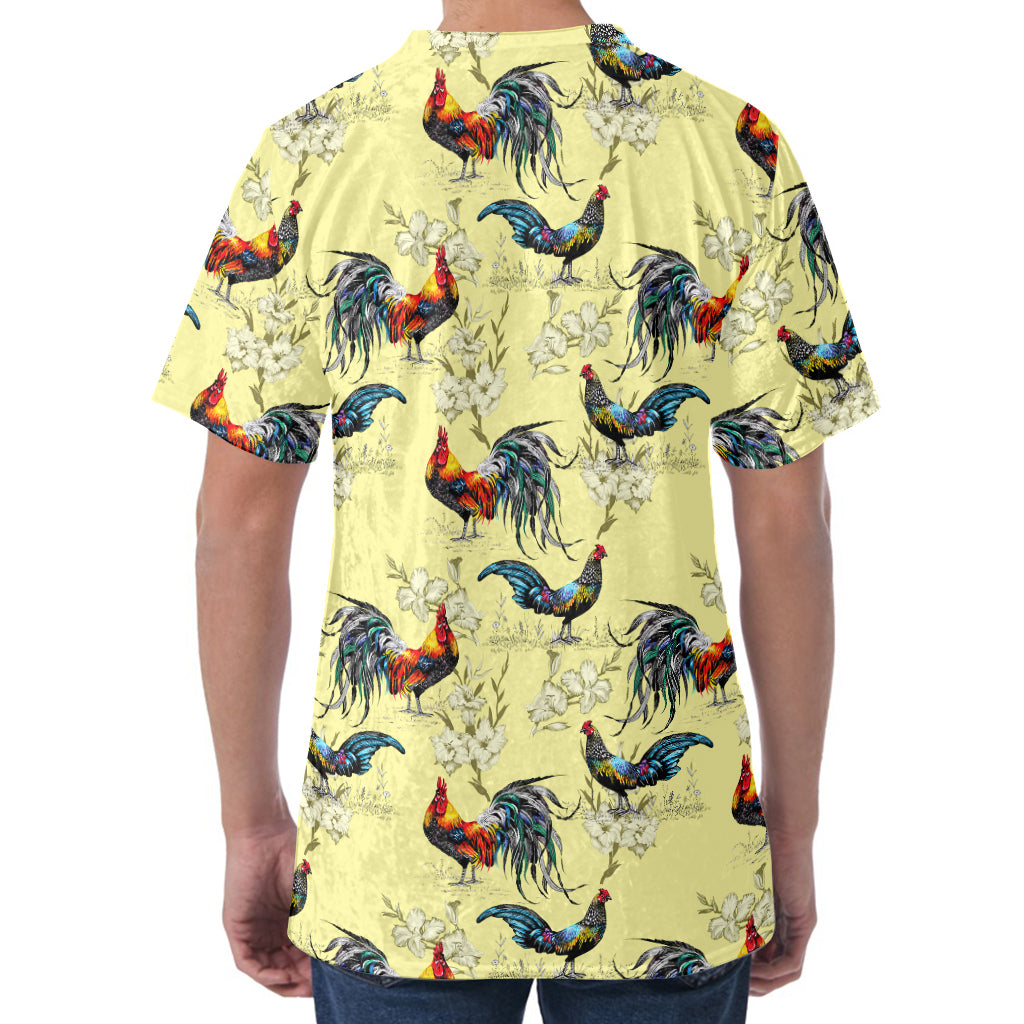 Rooster And Flower Pattern Print Men's Velvet T-Shirt