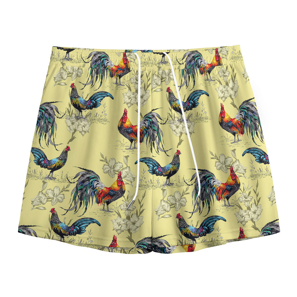 Rooster And Flower Pattern Print Mesh Shorts