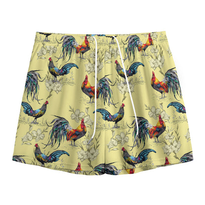 Rooster And Flower Pattern Print Mesh Shorts
