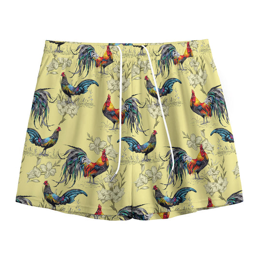 Rooster And Flower Pattern Print Mesh Shorts