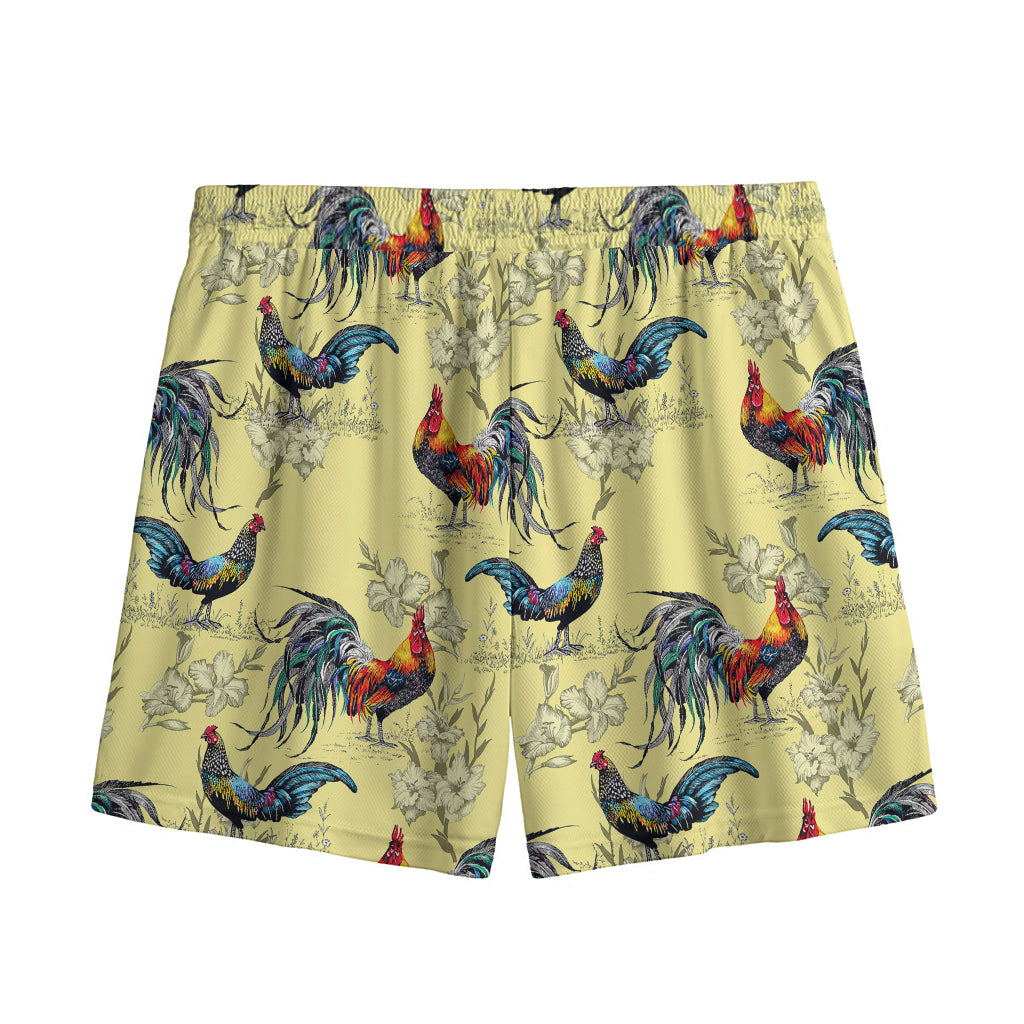 Rooster And Flower Pattern Print Mesh Shorts