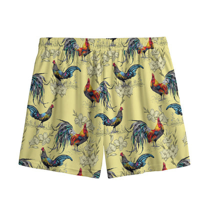 Rooster And Flower Pattern Print Mesh Shorts