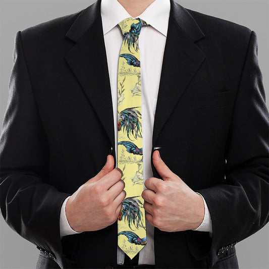 Rooster And Flower Pattern Print Necktie