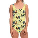 Rooster And Flower Pattern Print One Piece Swimsuit