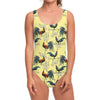 Rooster And Flower Pattern Print One Piece Swimsuit