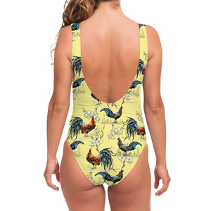 Rooster And Flower Pattern Print One Piece Swimsuit