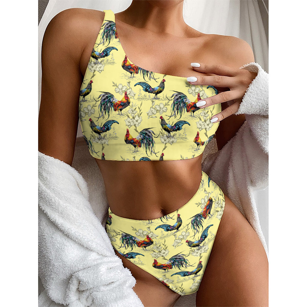 Rooster And Flower Pattern Print One Shoulder Bikini Top