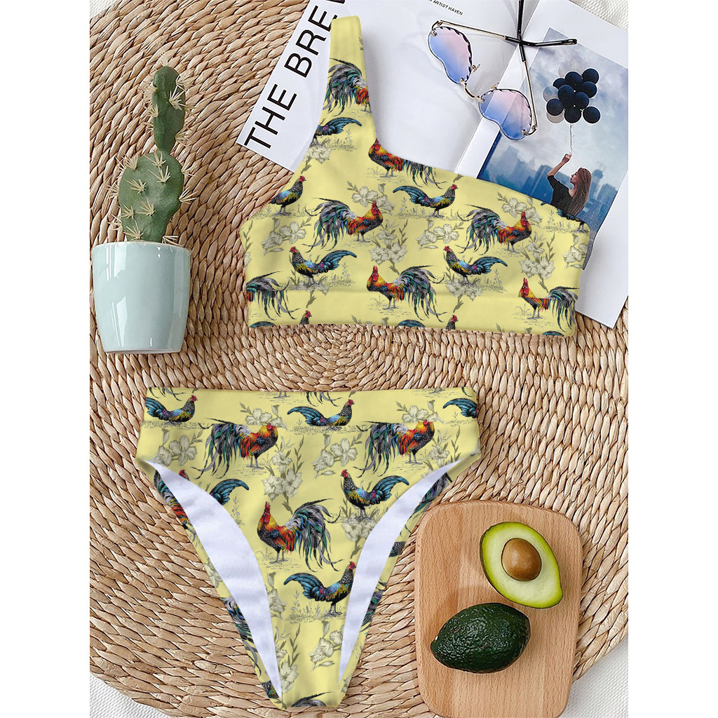 Rooster And Flower Pattern Print One Shoulder Bikini Top