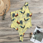 Rooster And Flower Pattern Print One Shoulder Bodysuit