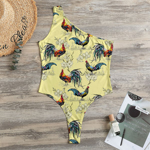 Rooster And Flower Pattern Print One Shoulder Bodysuit