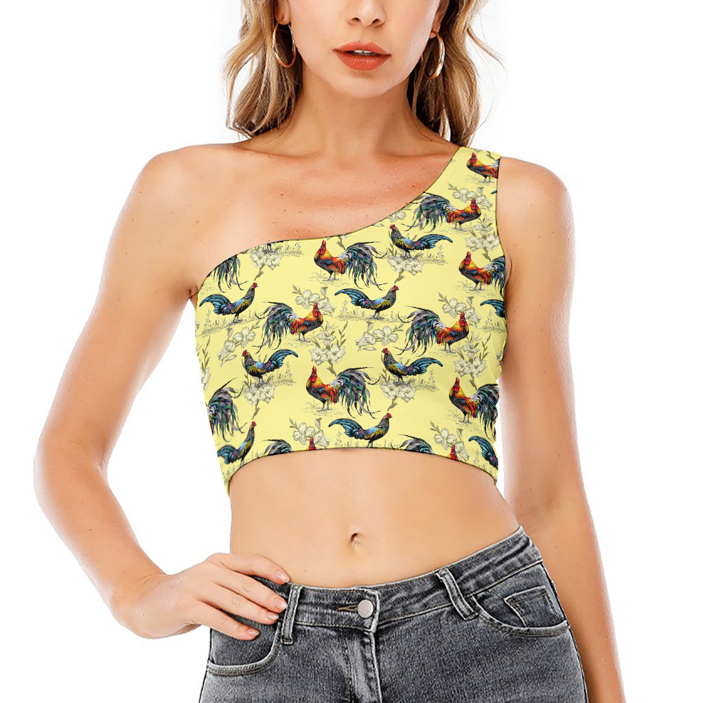 Rooster And Flower Pattern Print One Shoulder Crop Top