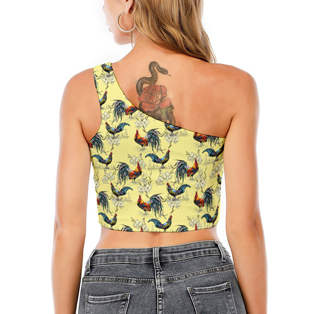 Rooster And Flower Pattern Print One Shoulder Crop Top