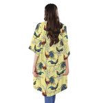 Rooster And Flower Pattern Print Open Front Beach Cover Up