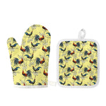 Rooster And Flower Pattern Print Oven Mitt And Pot Holder Set