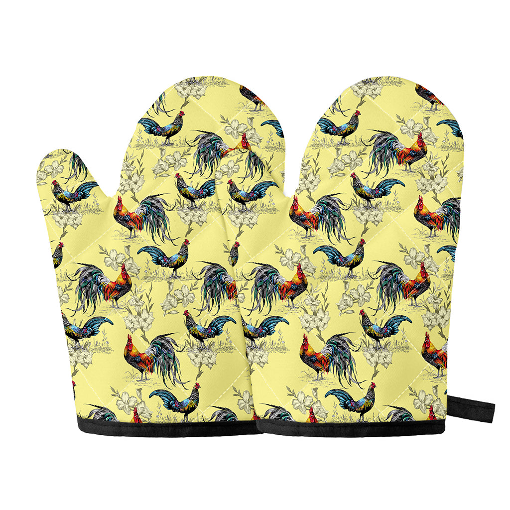 Rooster And Flower Pattern Print Oven Mitts