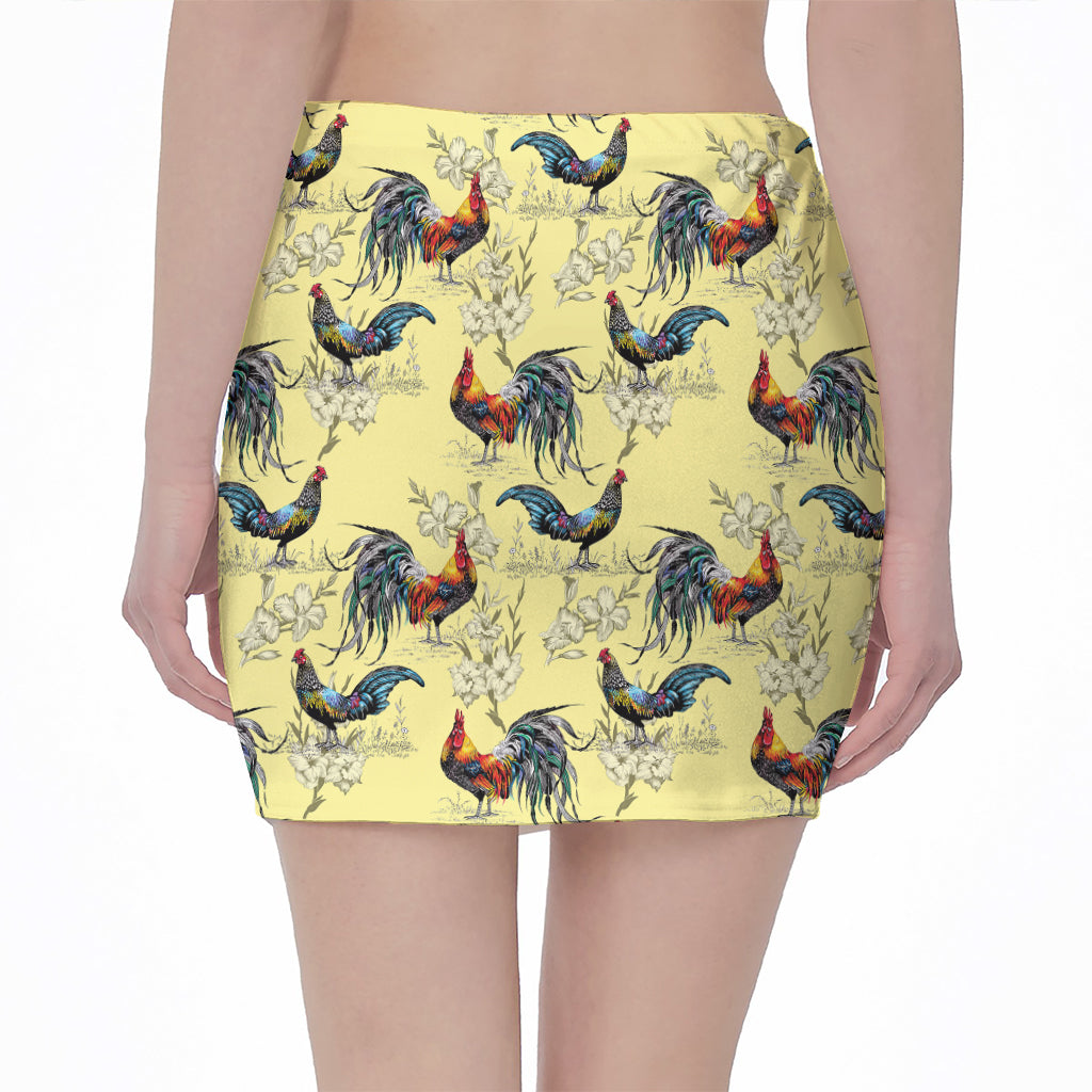 Rooster And Flower Pattern Print Pencil Mini Skirt