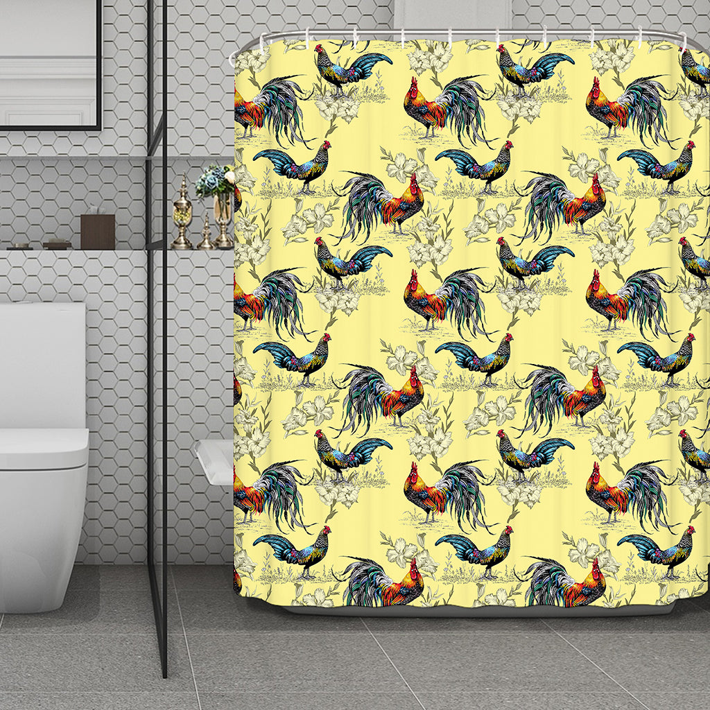 Rooster And Flower Pattern Print Polyester Shower Curtain