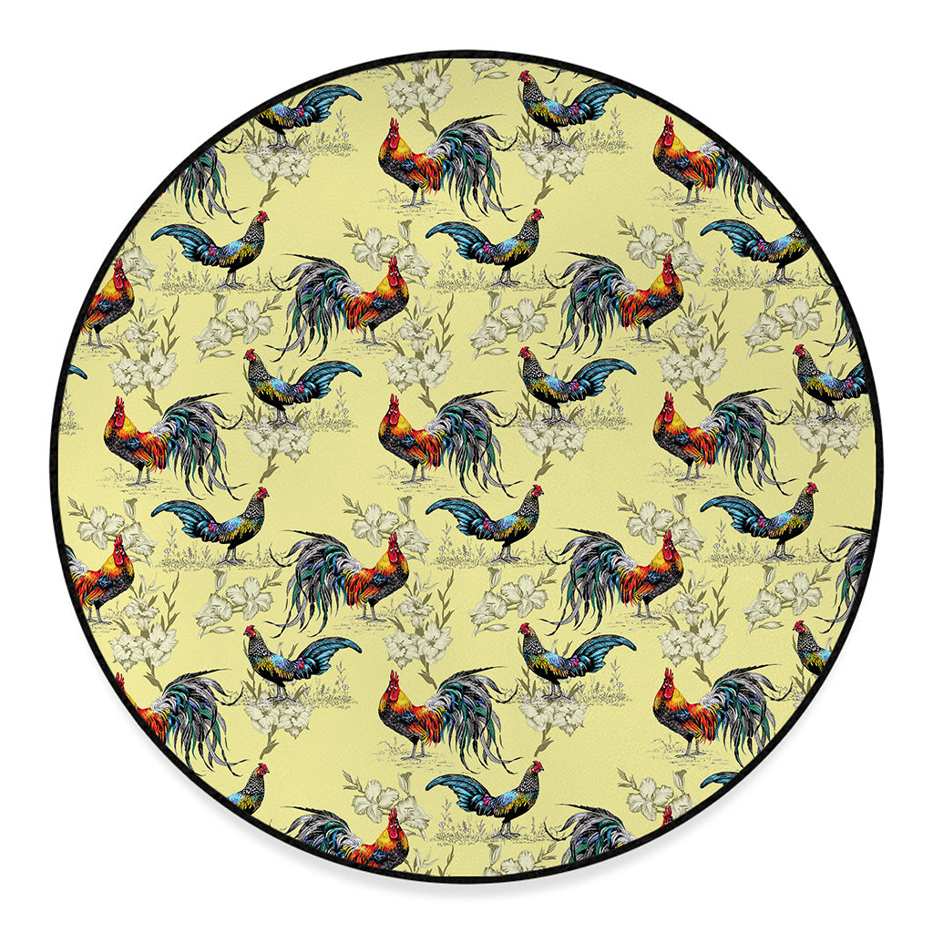 Rooster And Flower Pattern Print Round Floor Mat