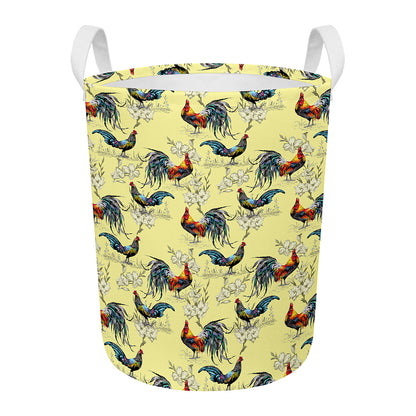Rooster And Flower Pattern Print Round Laundry Basket