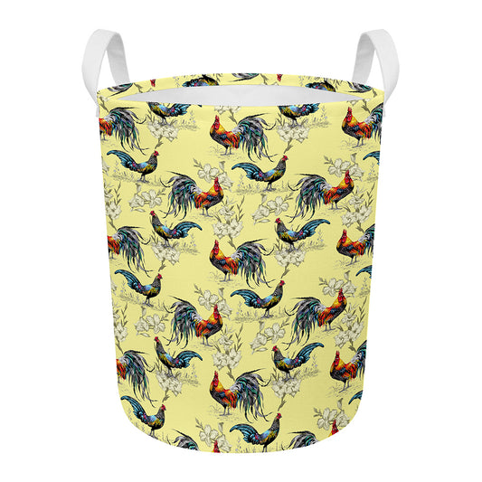 Rooster And Flower Pattern Print Round Laundry Basket
