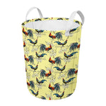 Rooster And Flower Pattern Print Round Laundry Basket