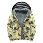 Rooster And Flower Pattern Print Sherpa Lined Zip Up Hoodie