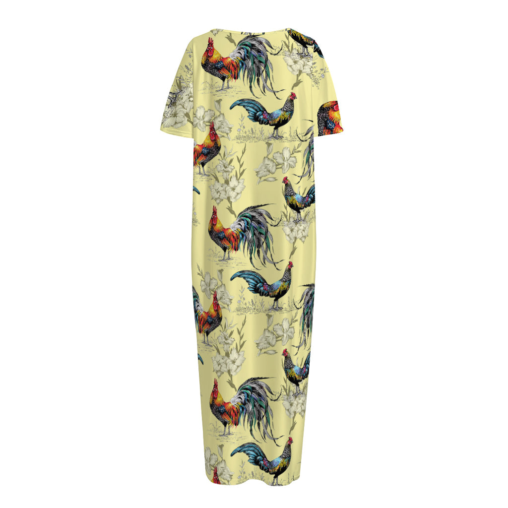 Rooster And Flower Pattern Print Short Sleeve Long Nightdress