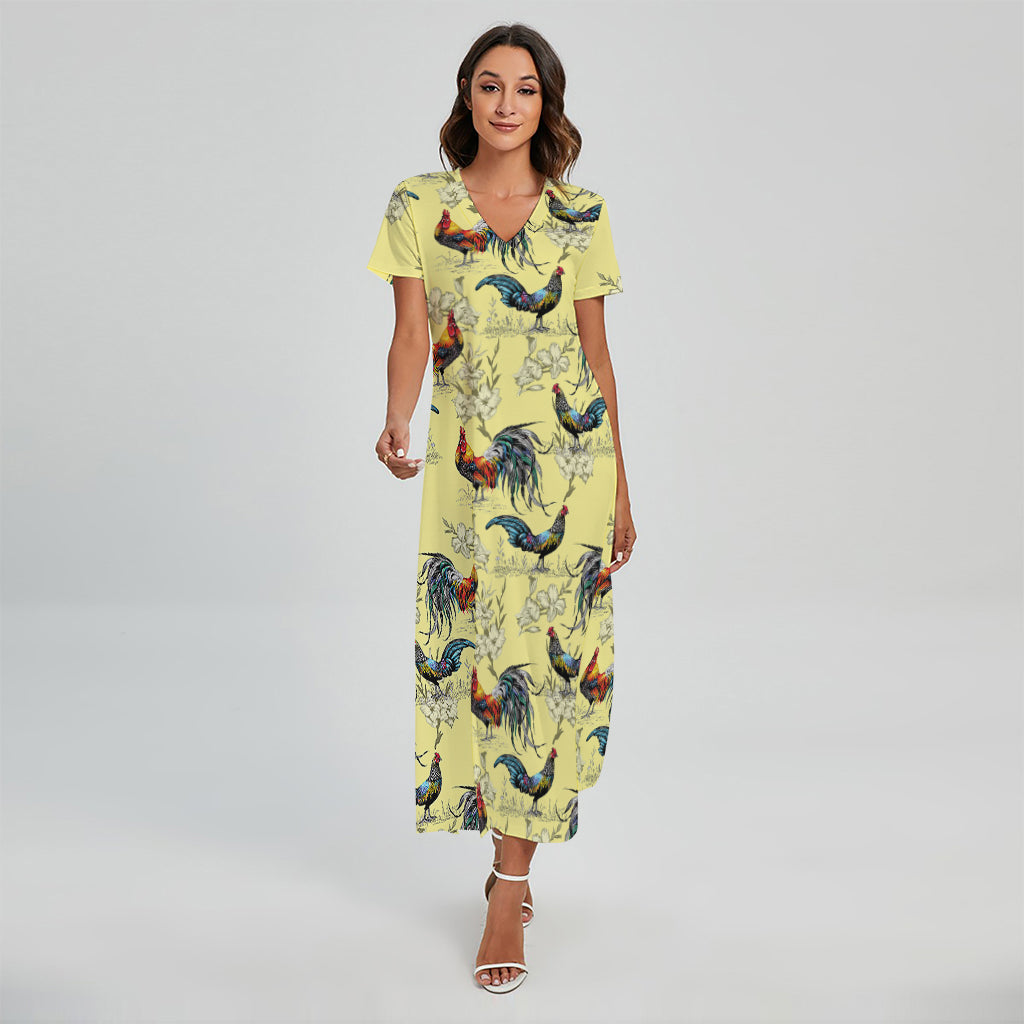 Rooster And Flower Pattern Print Short Sleeve Maxi Dress