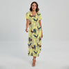 Rooster And Flower Pattern Print Short Sleeve Maxi Dress