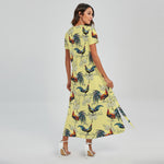 Rooster And Flower Pattern Print Short Sleeve Maxi Dress