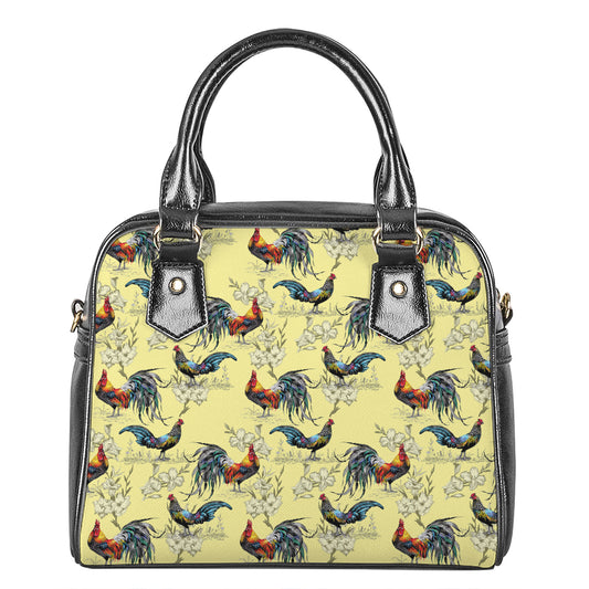 Rooster And Flower Pattern Print Shoulder Handbag