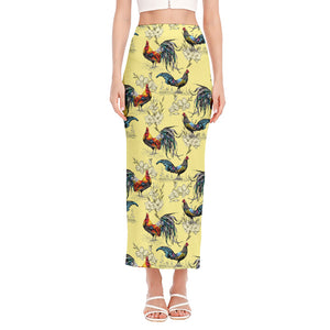 Rooster And Flower Pattern Print Side Slit Maxi Skirt