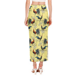 Rooster And Flower Pattern Print Side Slit Maxi Skirt