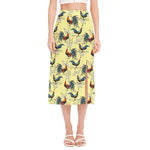 Rooster And Flower Pattern Print Side Slit Midi Skirt