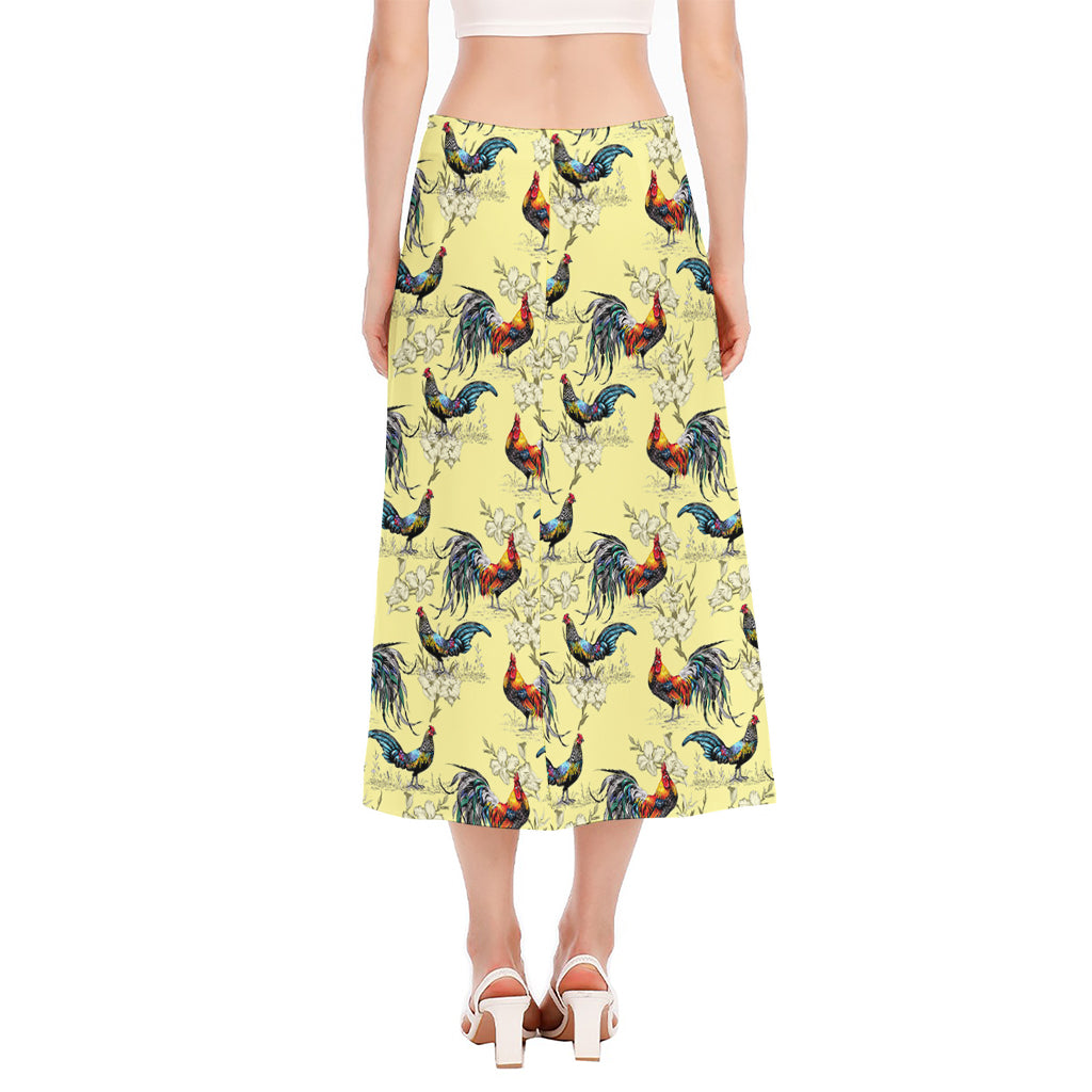 Rooster And Flower Pattern Print Side Slit Midi Skirt